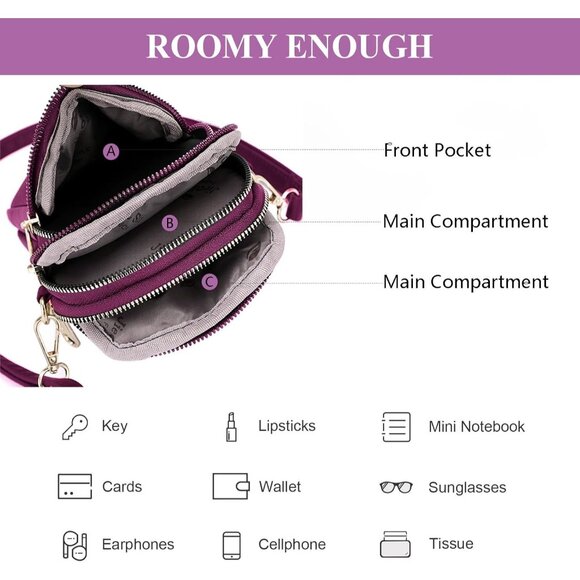 Women's Purple 3 Small Crossbody Waterproof Nylon Purse Mini Shoulder Travel Bag - Picture 4 of 7